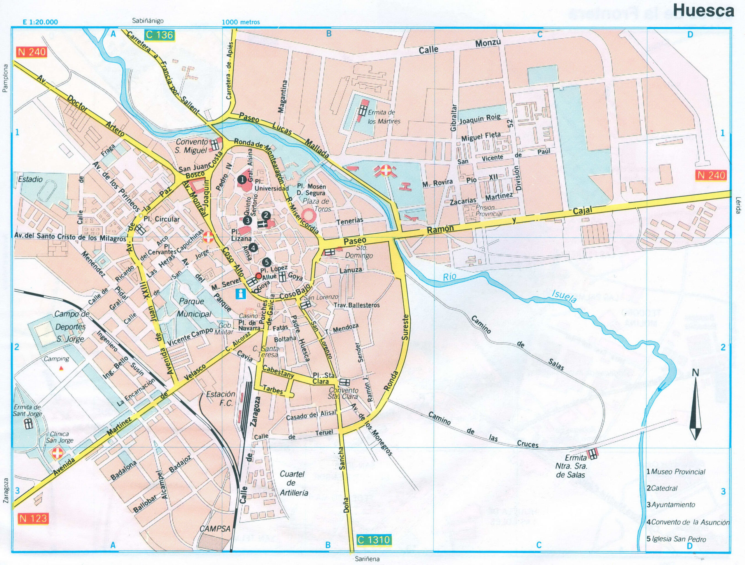 Map of Huesca (Spain) with attractions