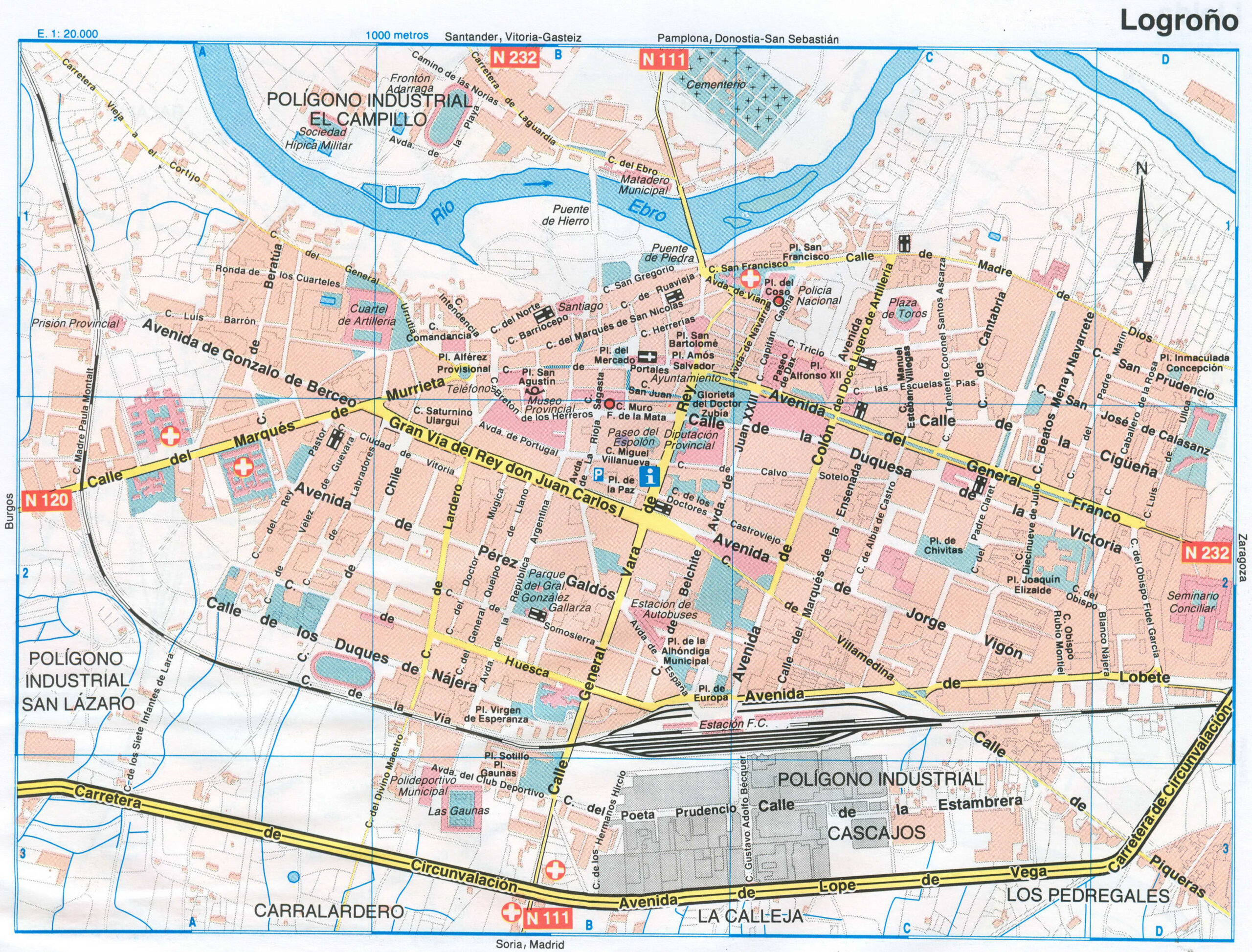 Detailed street map of Logrono (Spain) with attractions