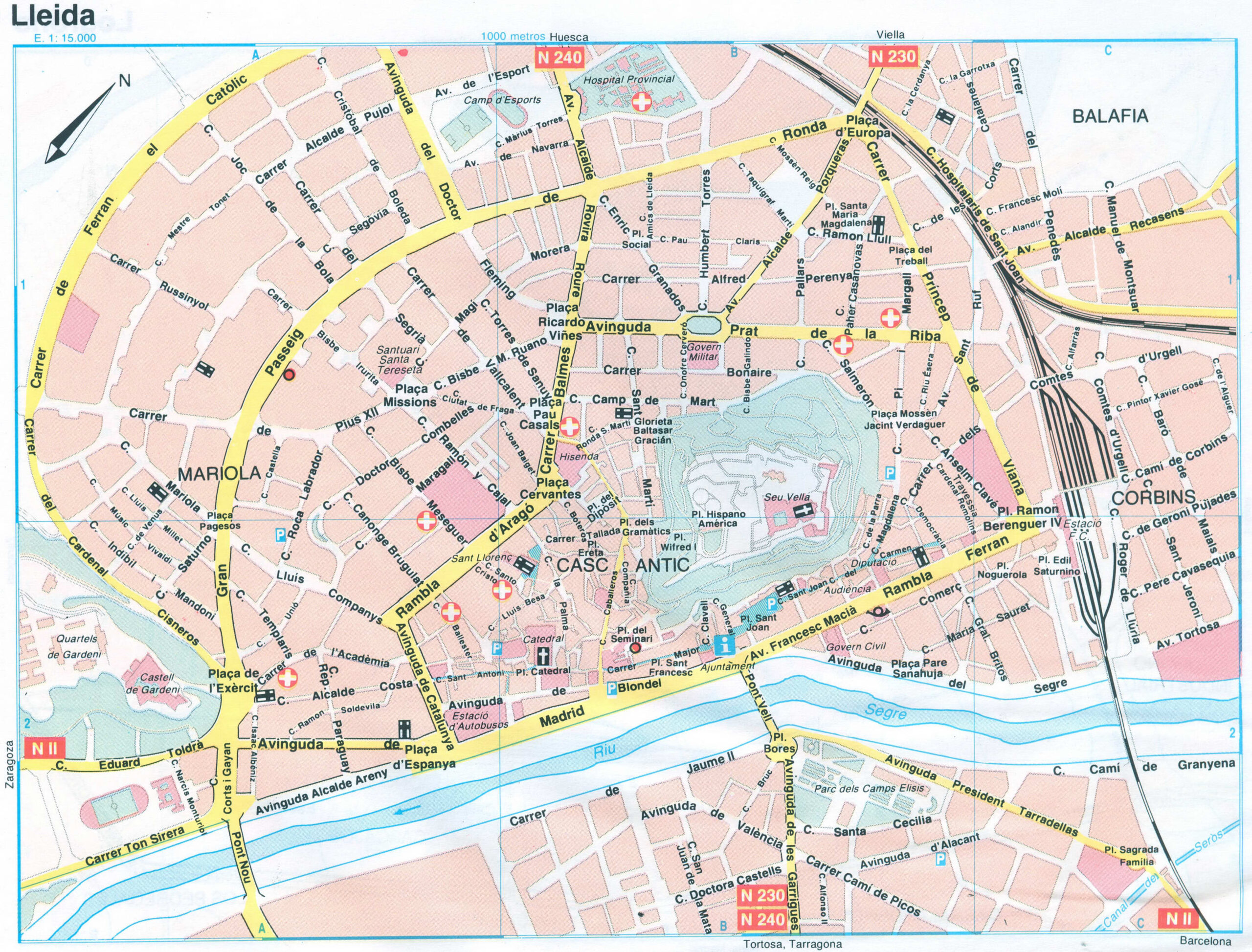 Detailed street map of Lleida (Spain) with attractions