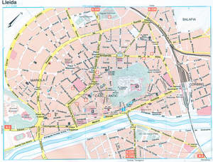 Detailed street map of Lleida (Spain) with attractions