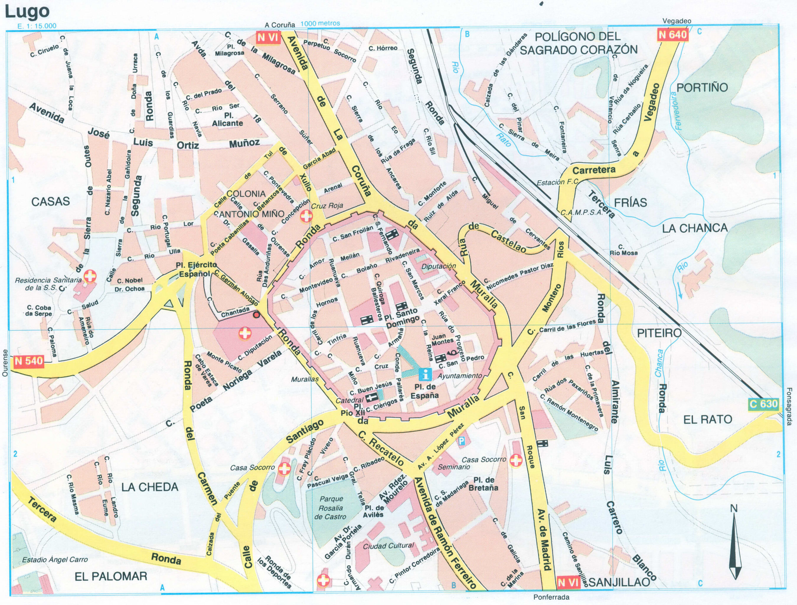Detailed street map of Lugo (Spain) with attractions