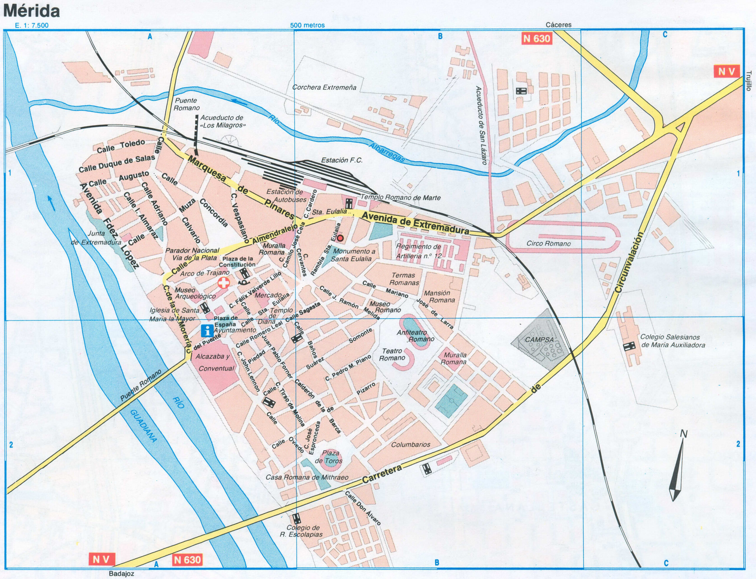 Map of Merida (Spain) with sights and landmarks