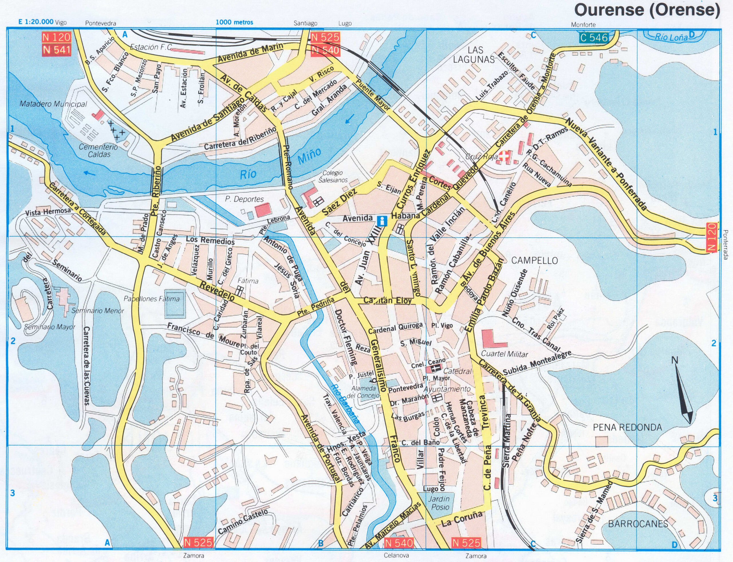 Map of Orense (Spain) with sights and landmarks
