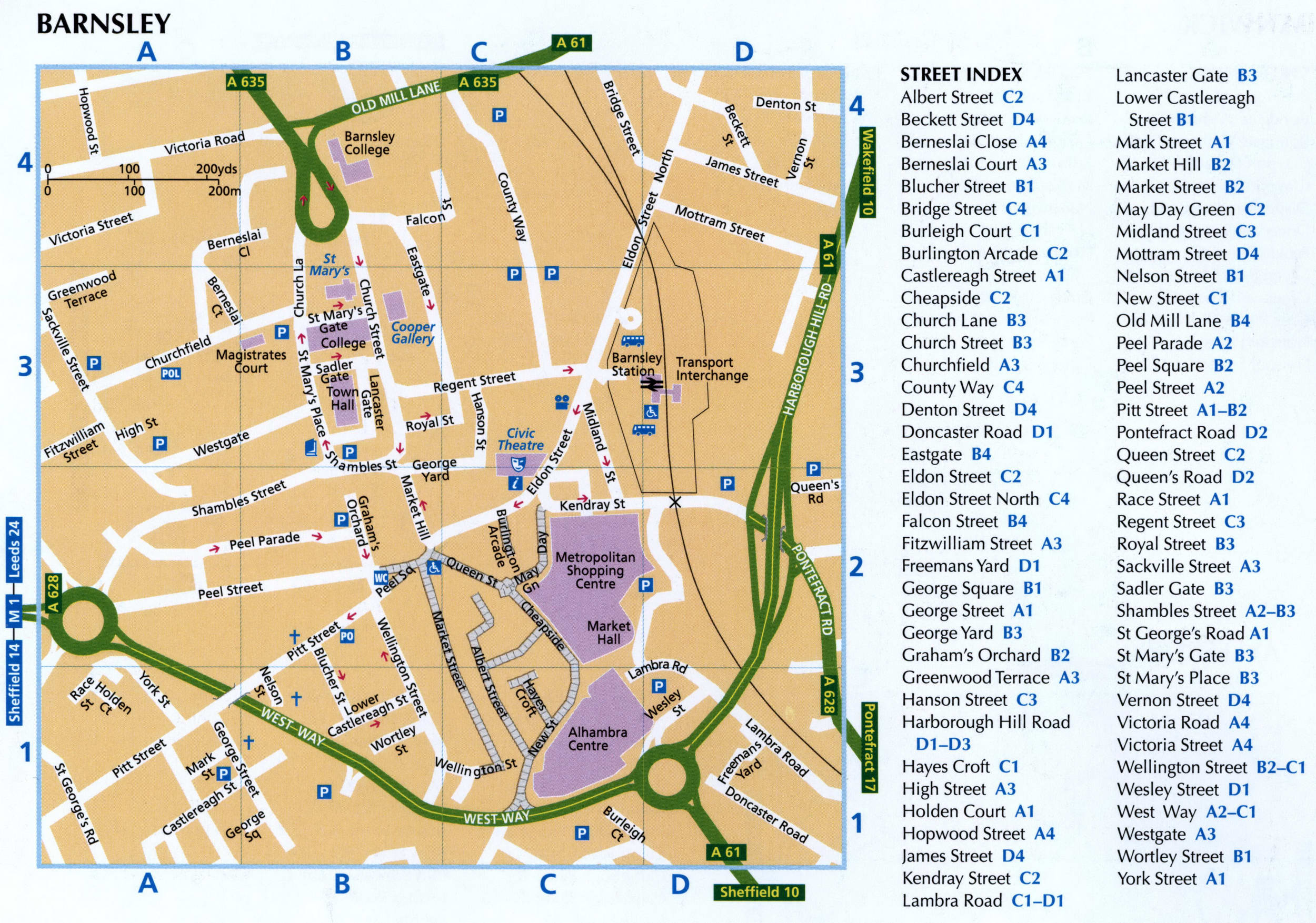 Barnsley UK street map with sights