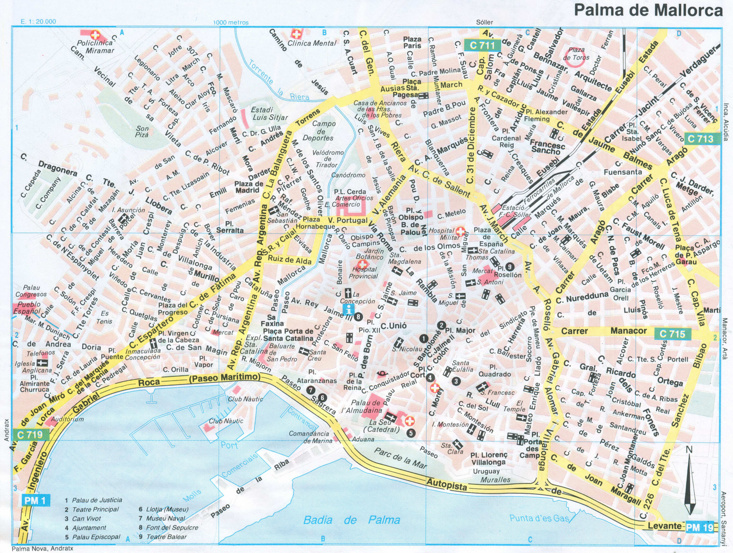 Map of Palma de Mallorca (Spain) with sights and landmarks