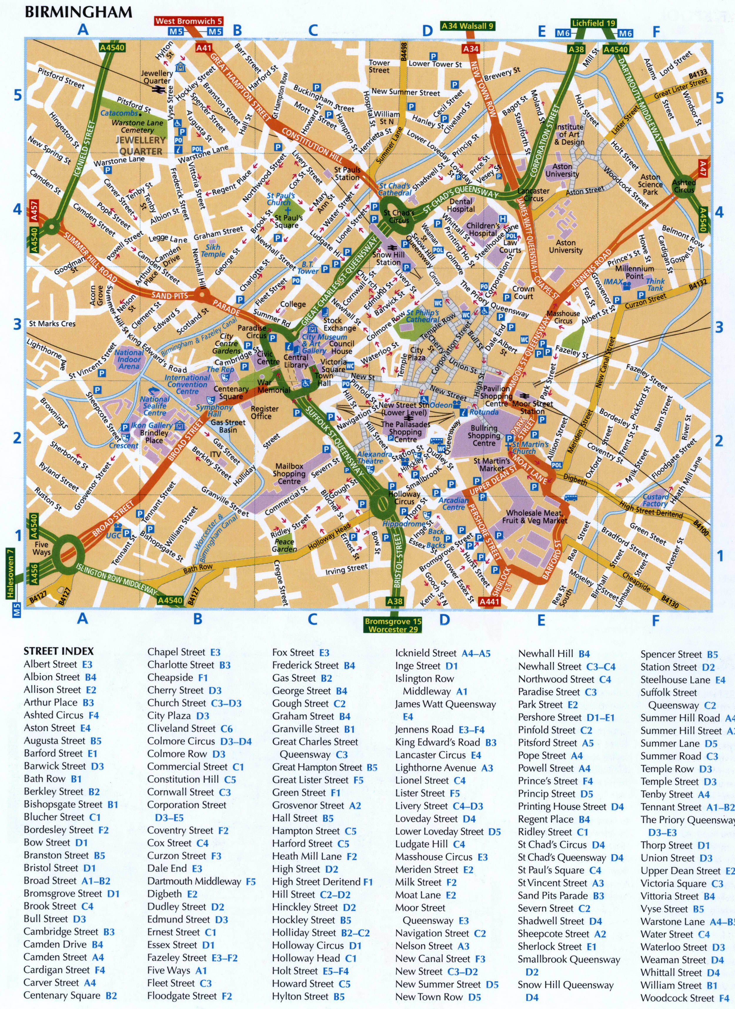 Birmingham map with parking lots and public toilets