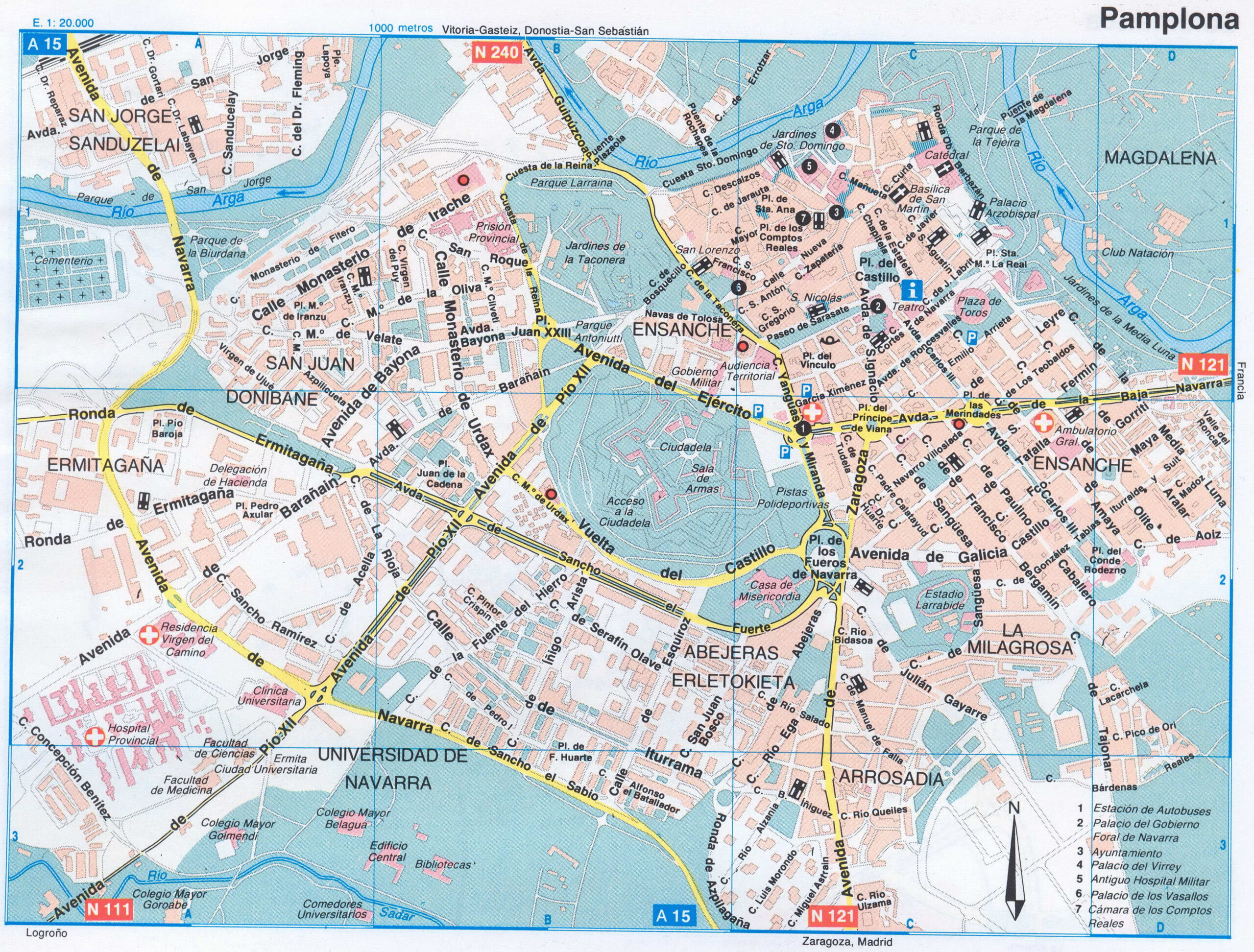 Map of Pamplona (Spain) with sights and landmarks