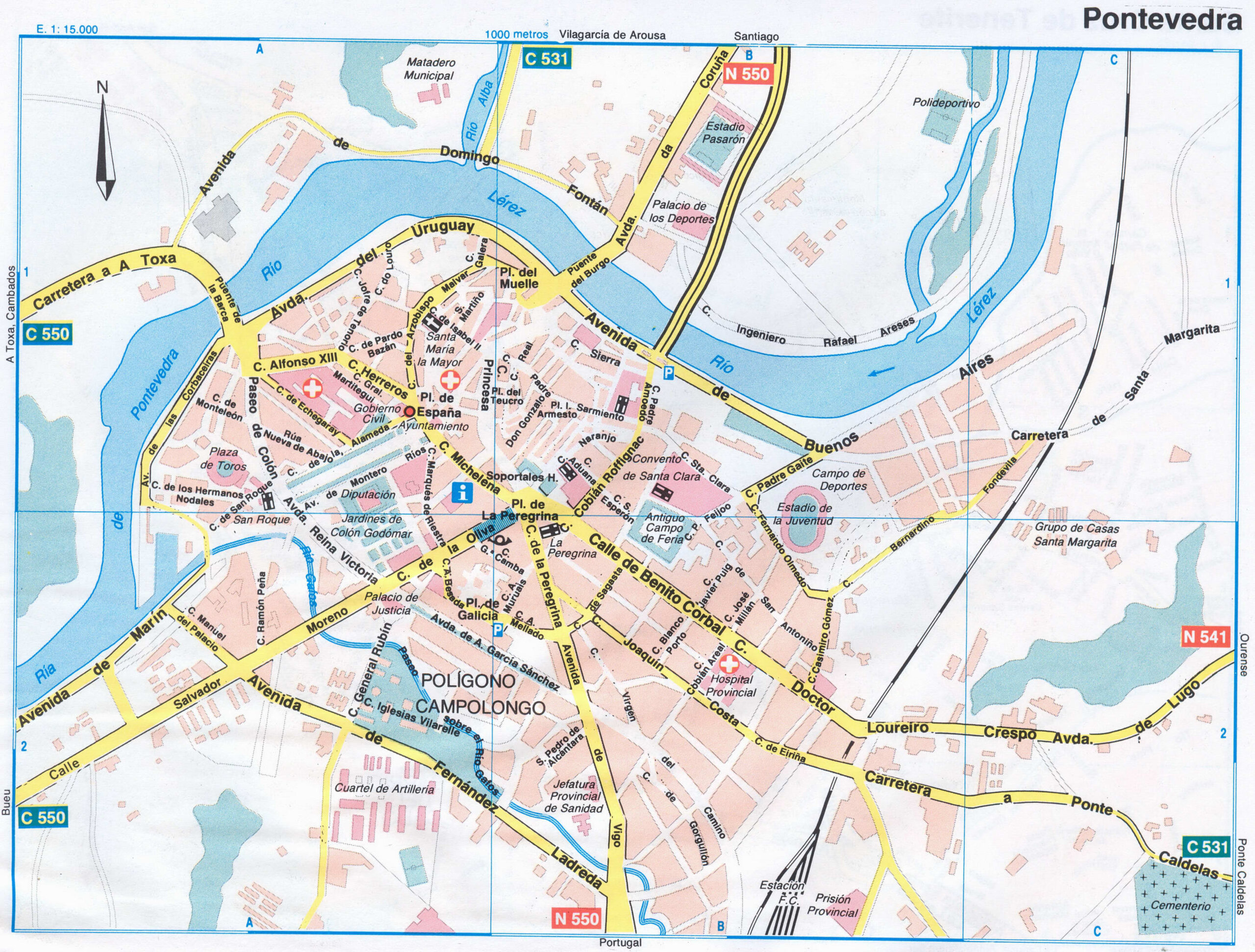 Map of Pontevedra (Spain) with sights and landmarks