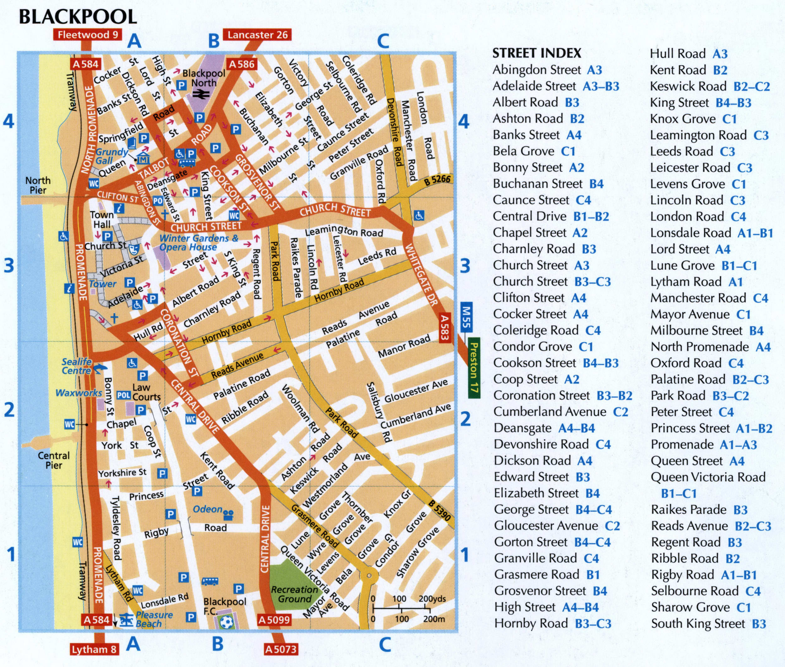 Blackpool map with parking lots and public toilets