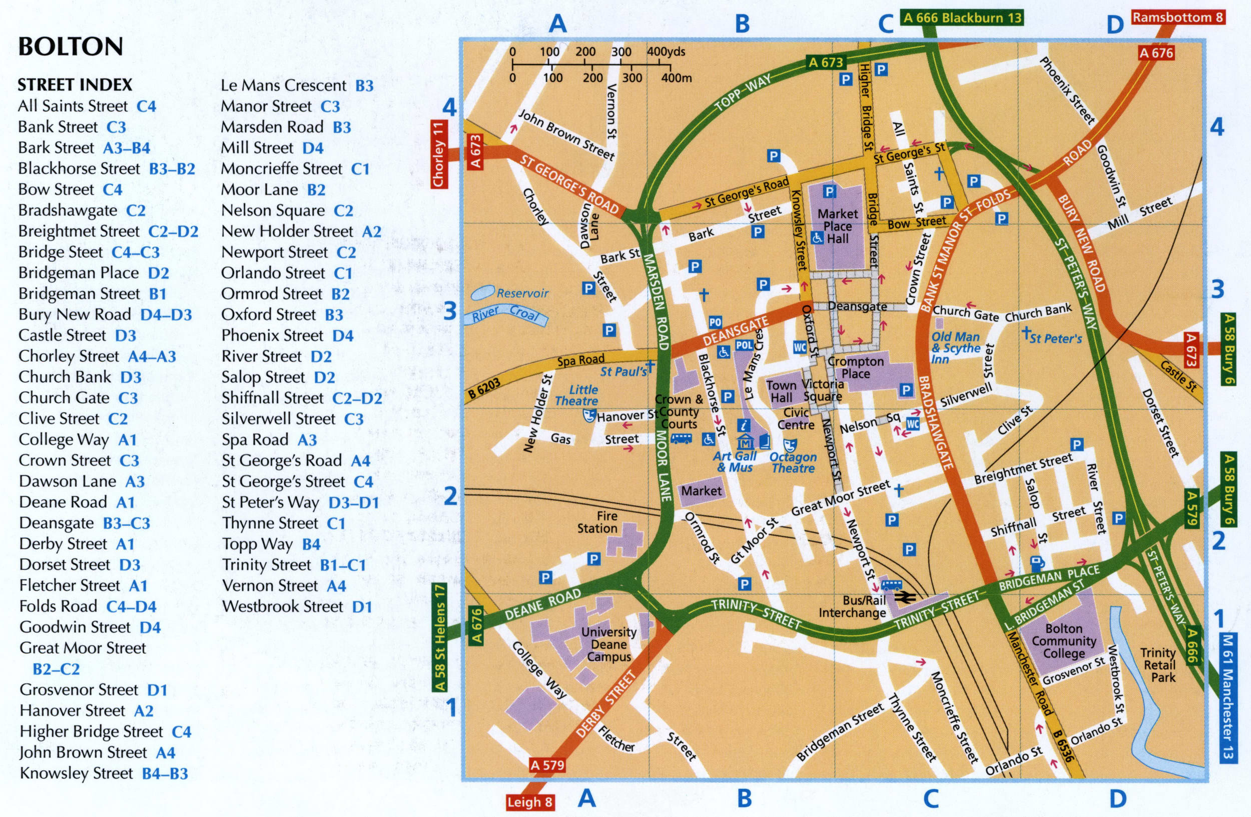 Bolton map with parking lots and public toilets