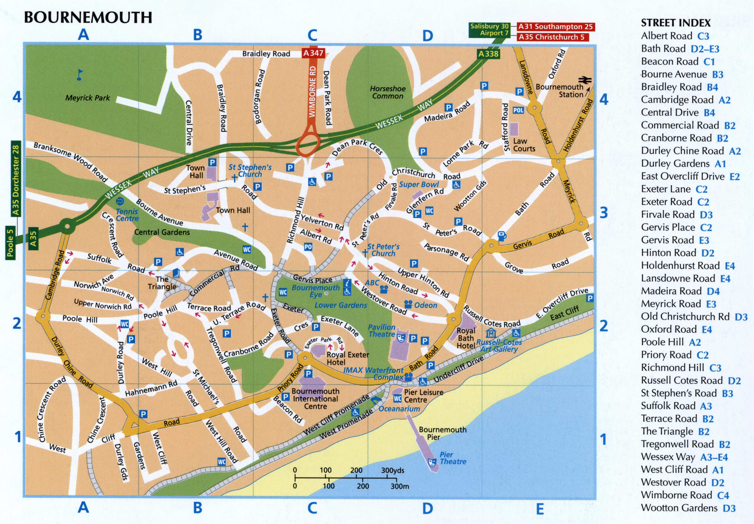 Bournemouth map with parking lots and public toilets