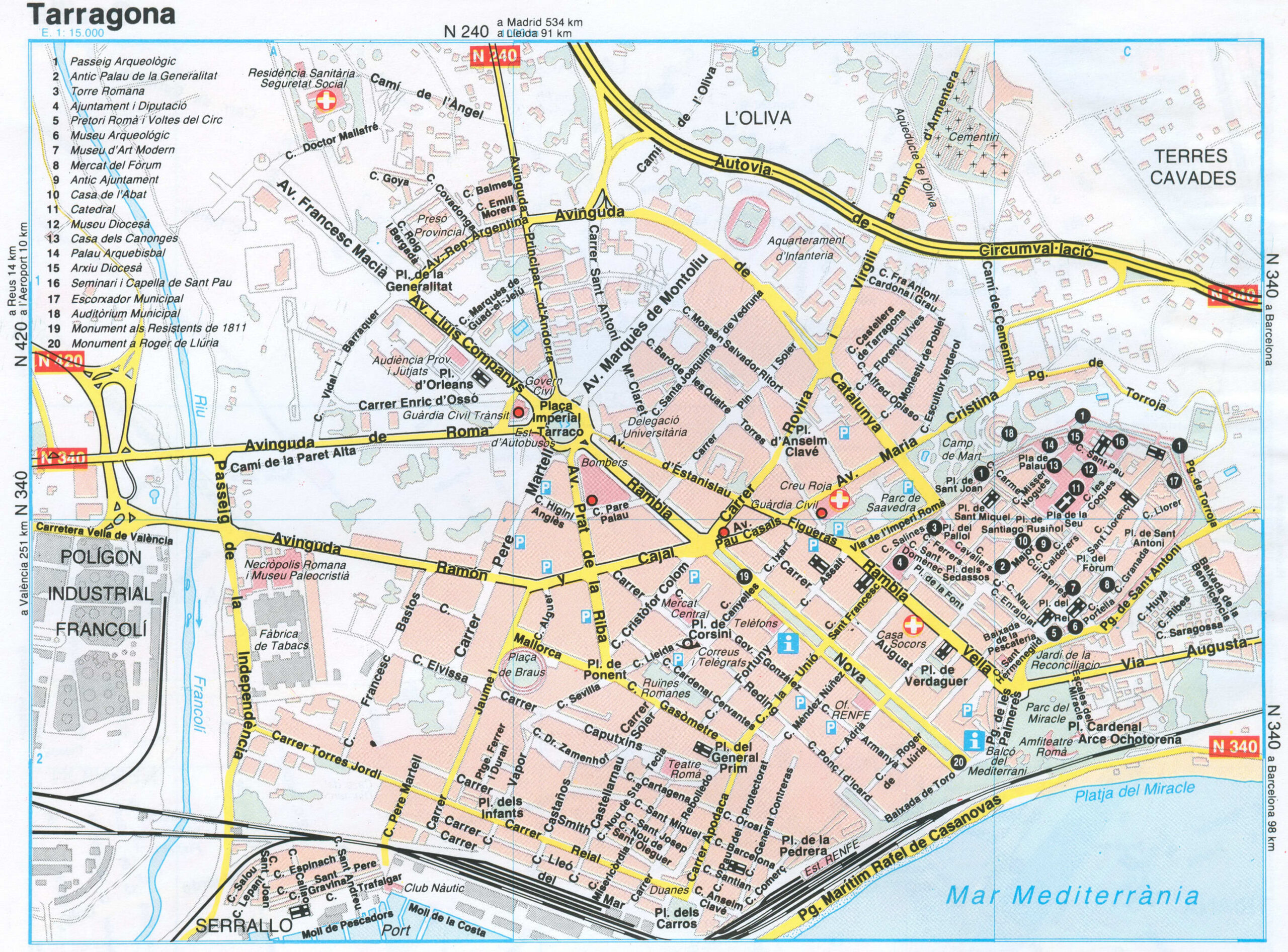 Map of Tarragona (Spain) with sights and landmarks