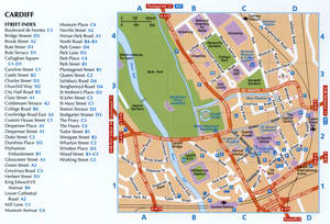 Tourist map of Cardiff with attractions, public places, and a street list