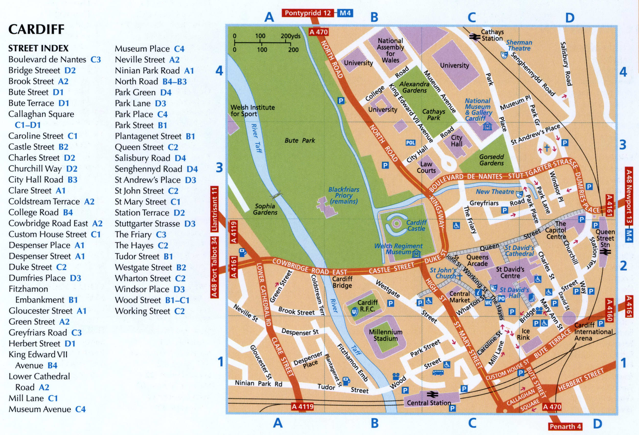 Tourist map of Cardiff with attractions, public places, and a street list