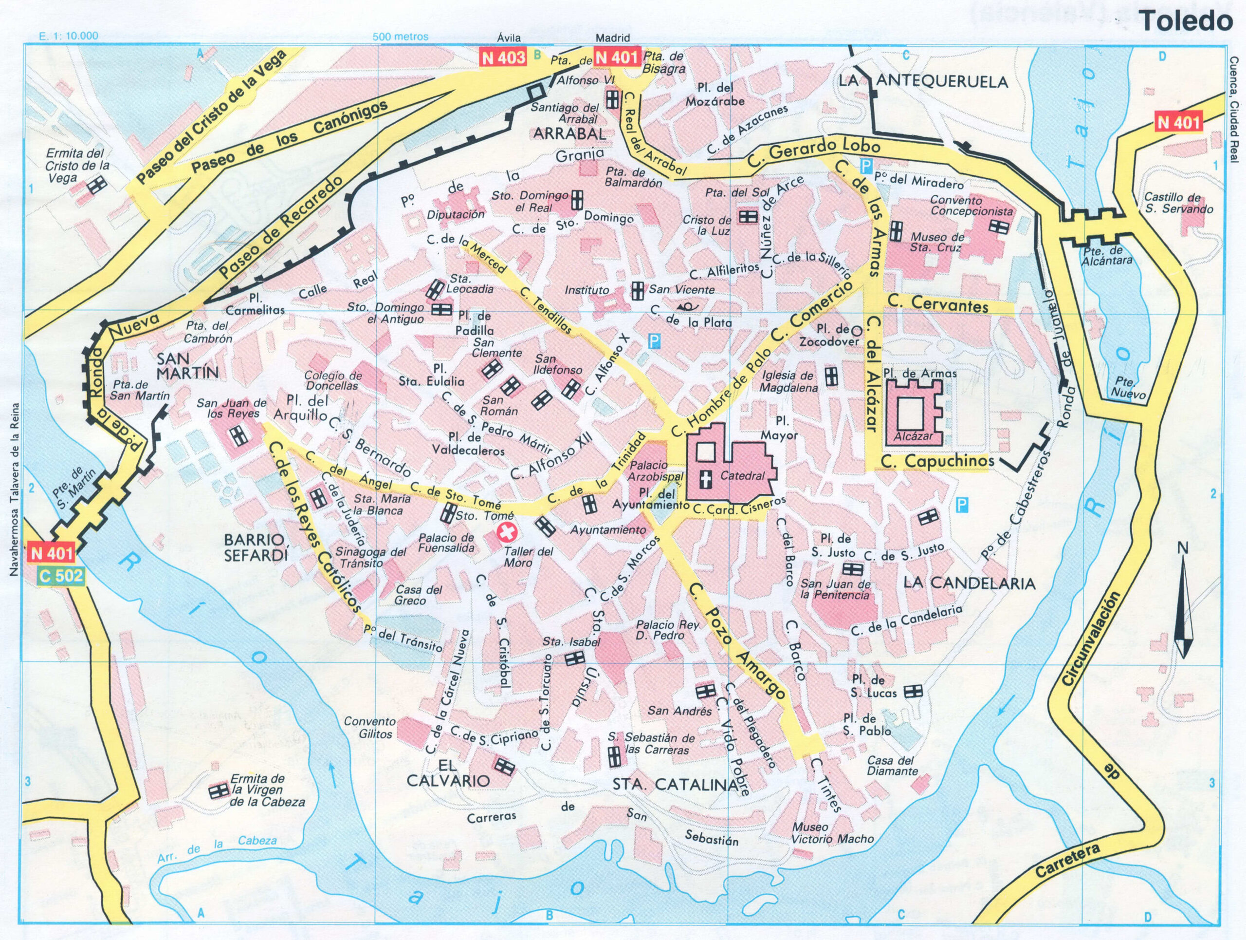 Map of Toledo (Spain) with sights and landmarks