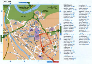 Tourist map of Carlisle with attractions, public places, and a street list