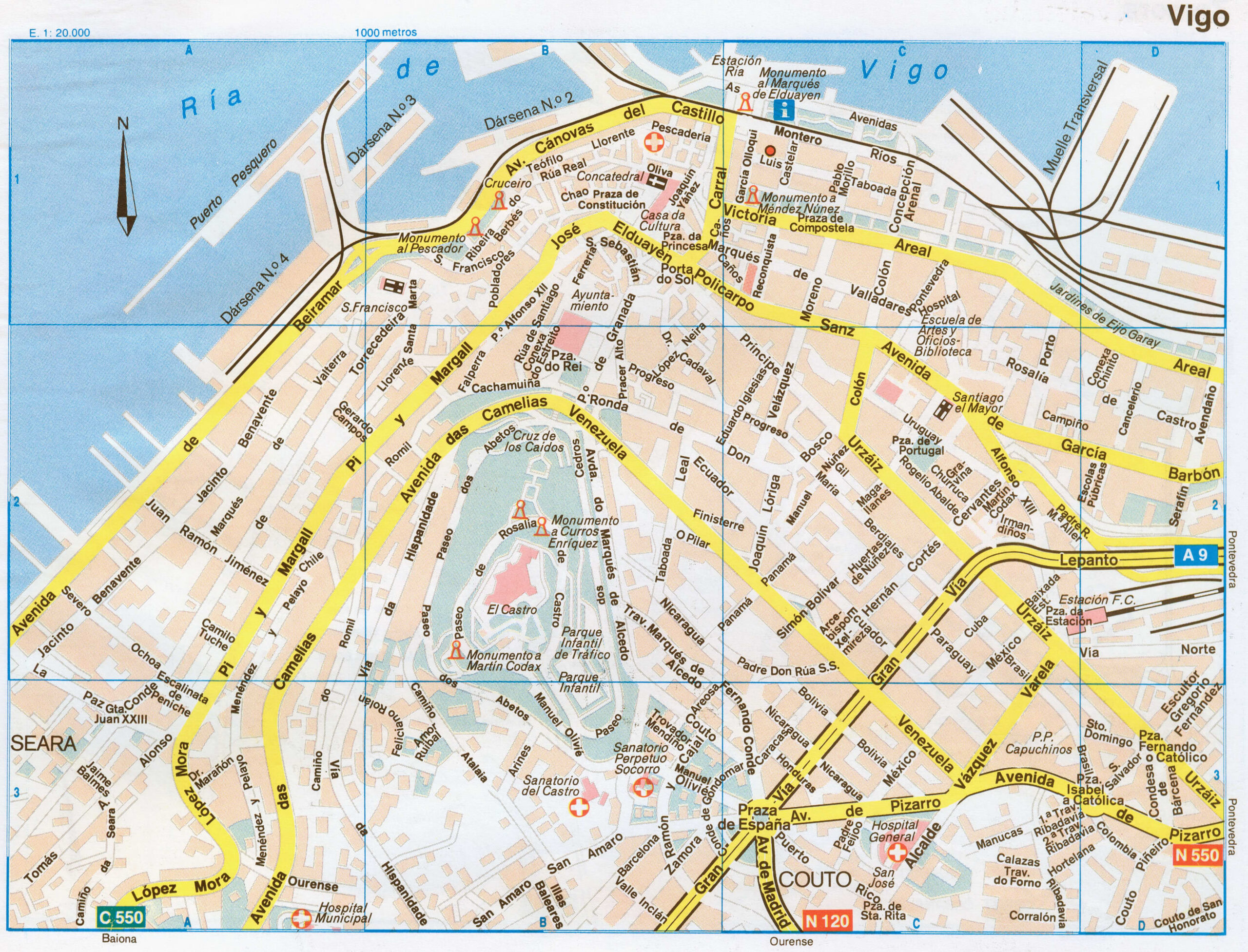 Map of Vigo (Spain) with sights and landmarks
