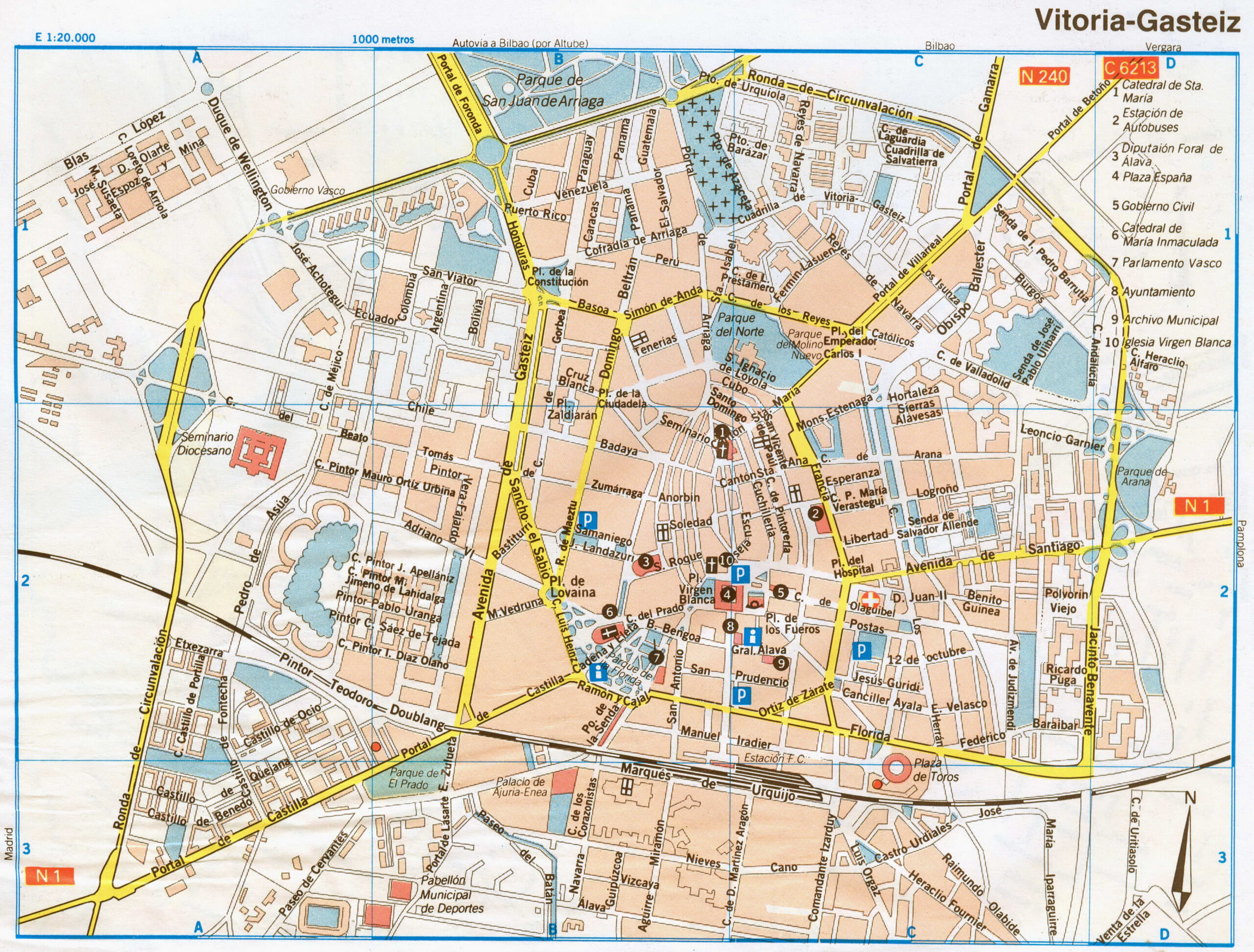 Map of Vitoria-Gasteiz (Spain) with sights and landmarks