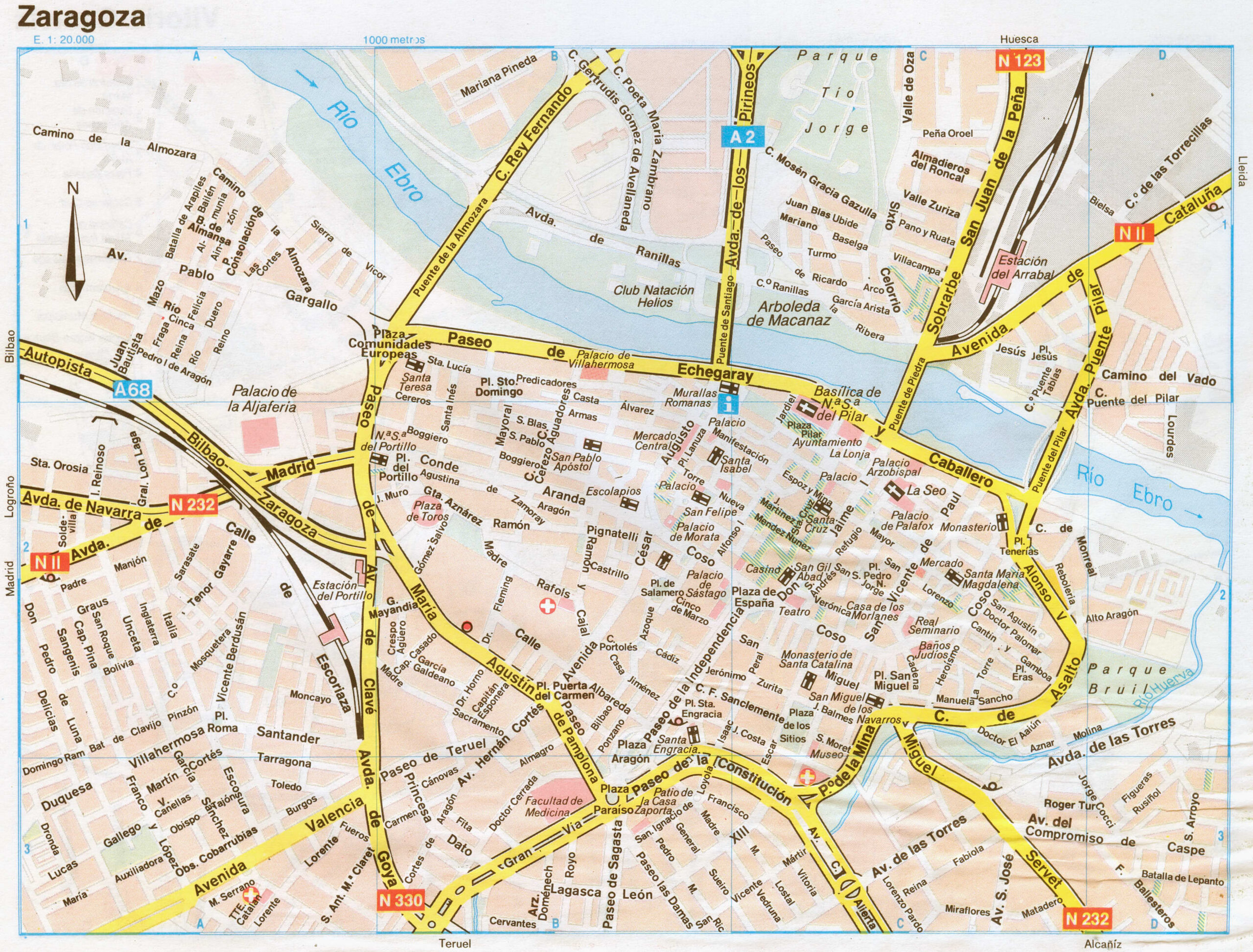 Map of Zaragosa (Spain) with sights and landmarks