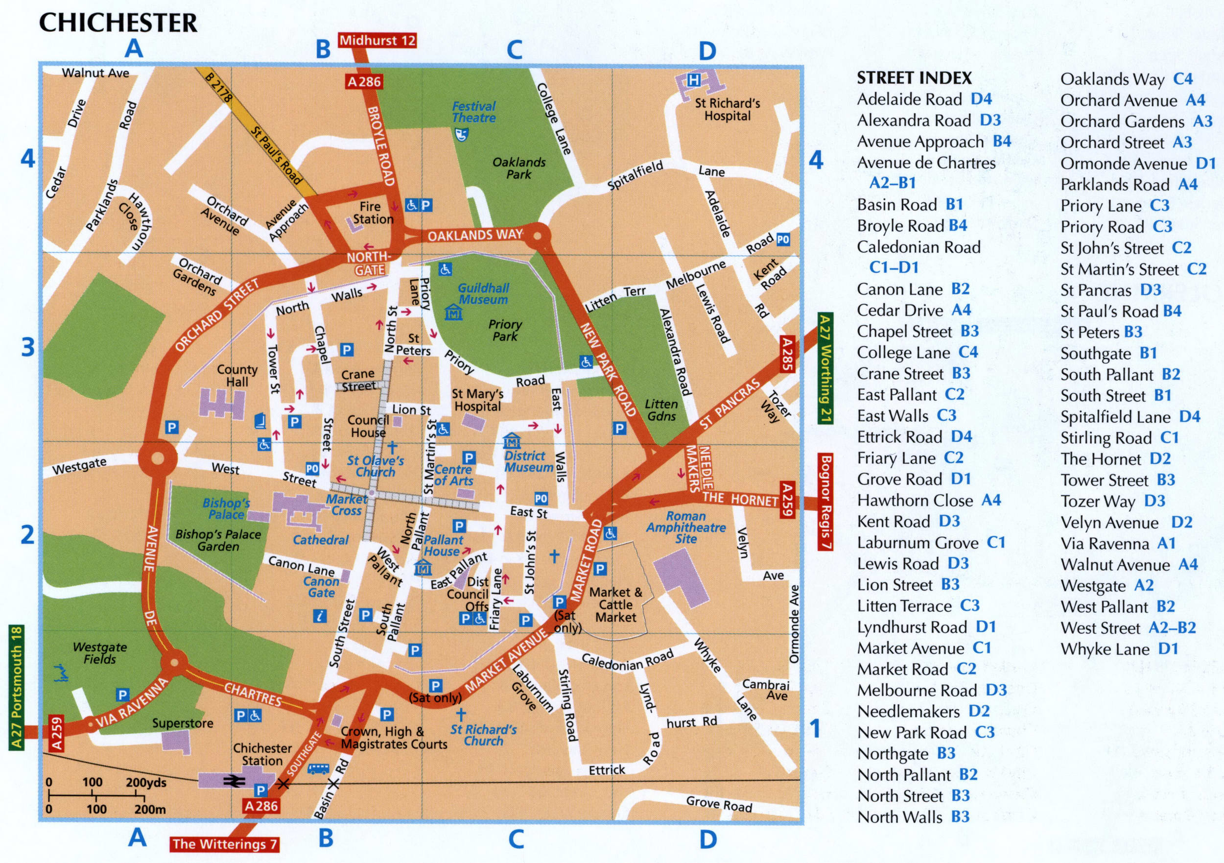 Tourist map of Chichester with attractions and public places