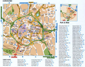 Tourist map of Coventry with sights and historical sites