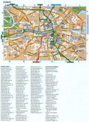 Map of Dublin (Ireland) with parking lots and public restrooms