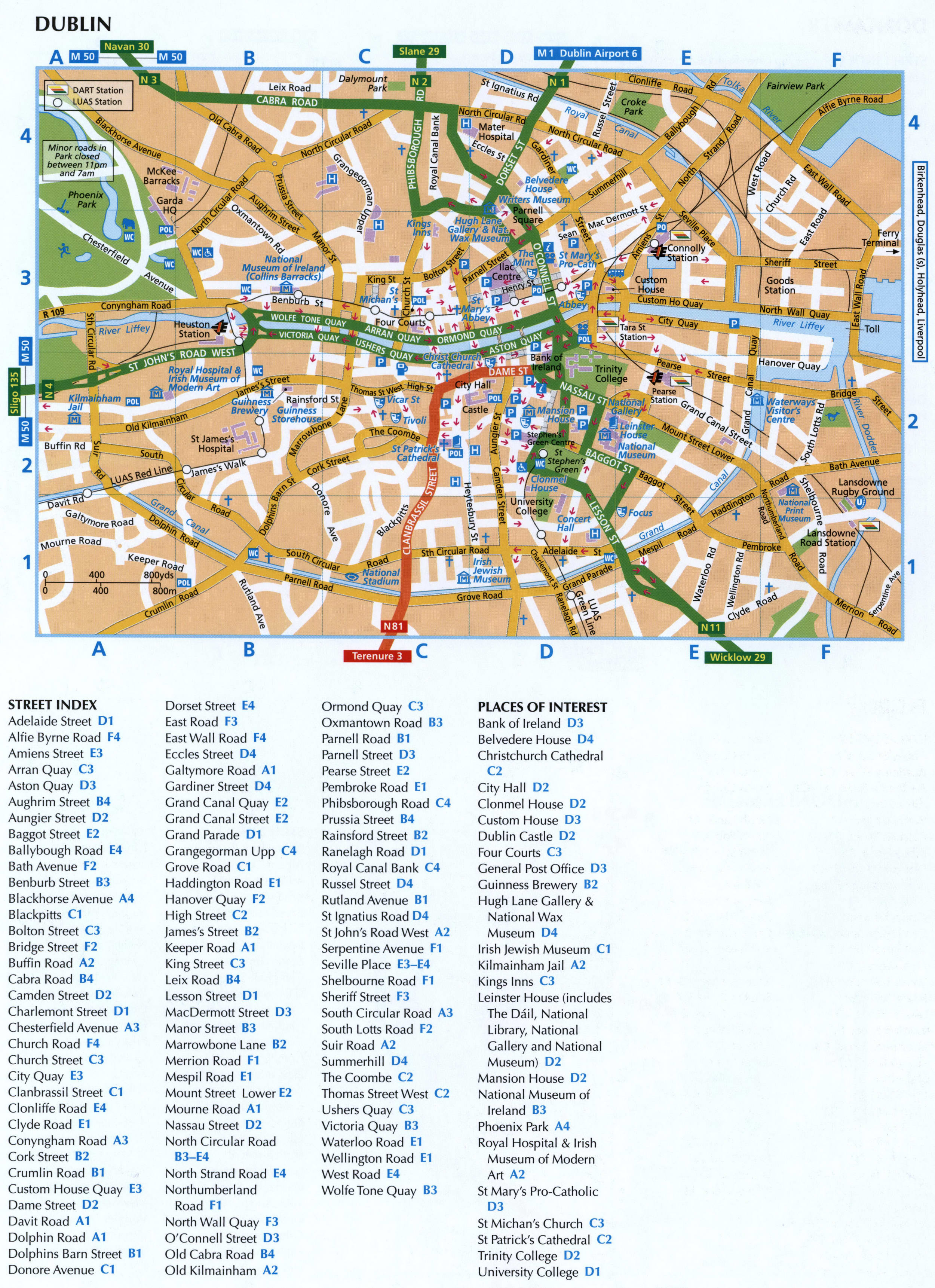 Map of Dublin (Ireland) with parking lots and public restrooms