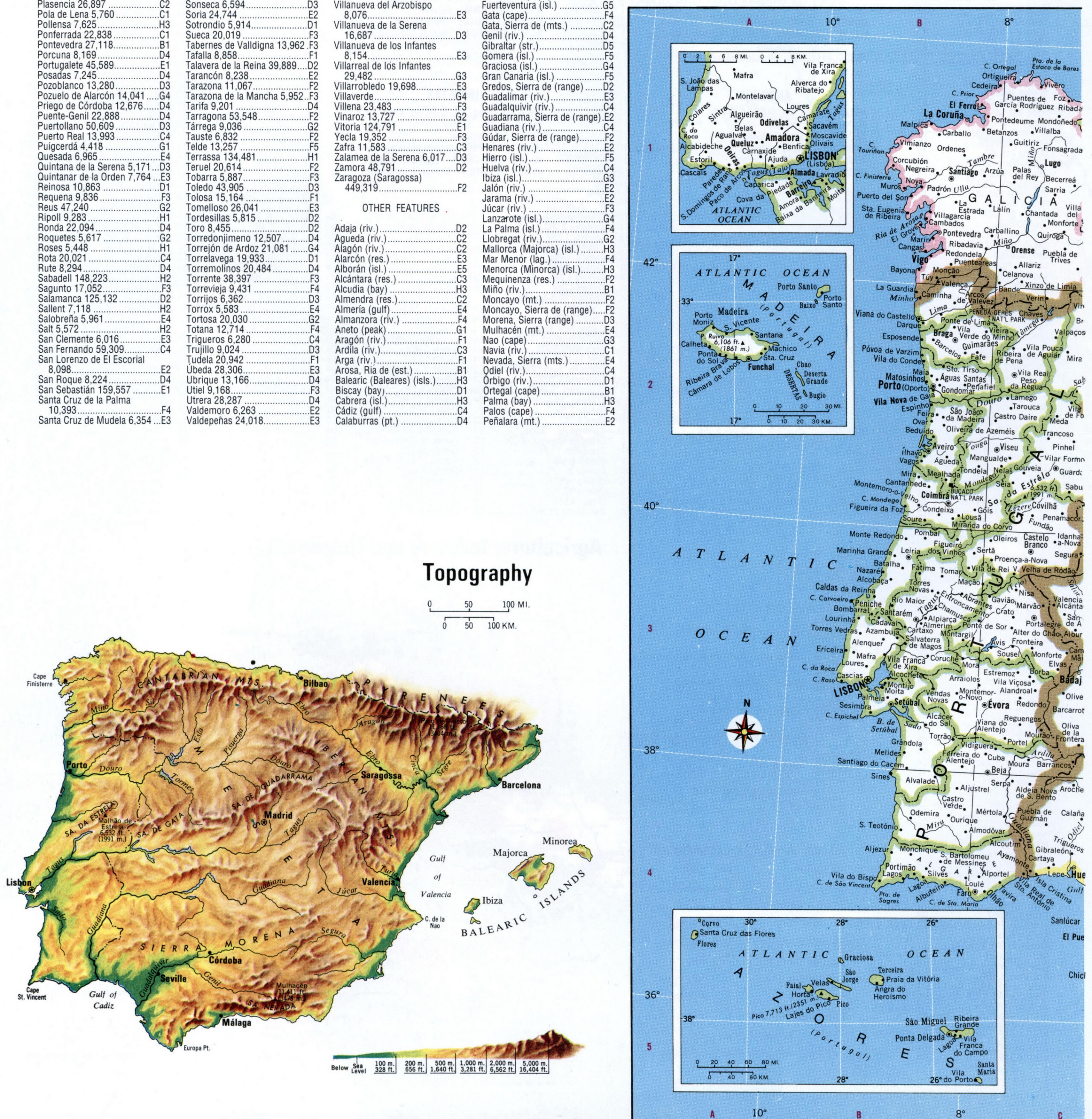 Detailed map of Portugal with cities and provinces. <br />Topographic map of the Iberian Peninsula