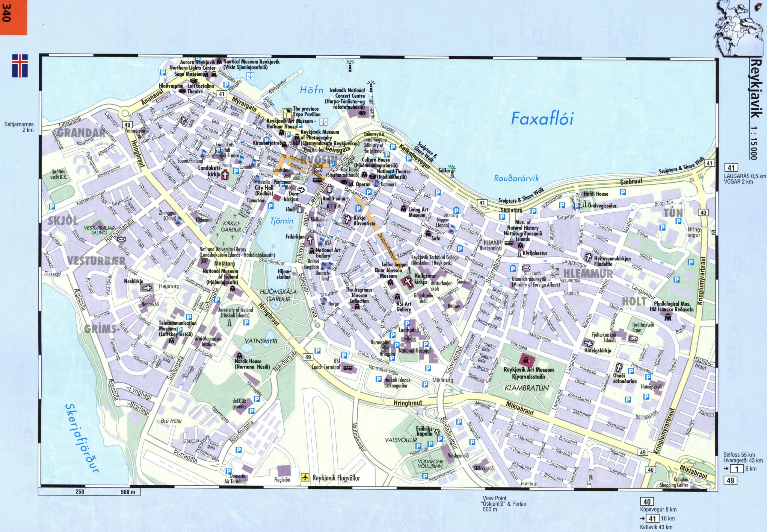 Reykjavik street map with sights