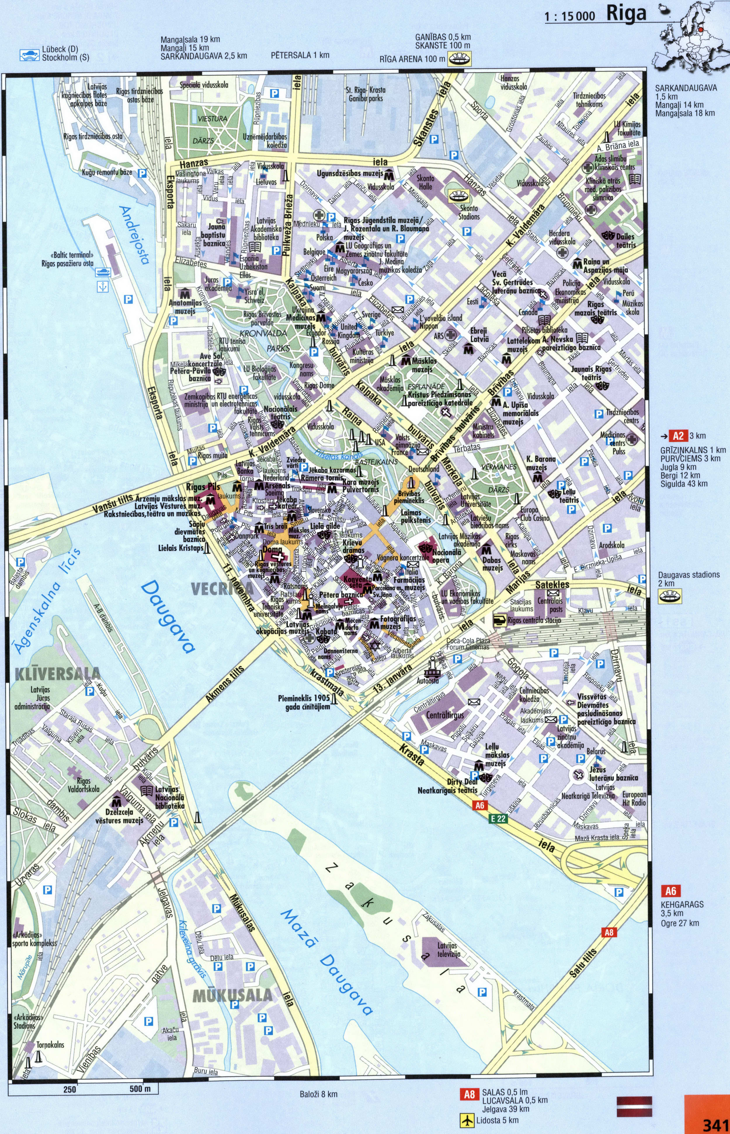Riga street map with sights