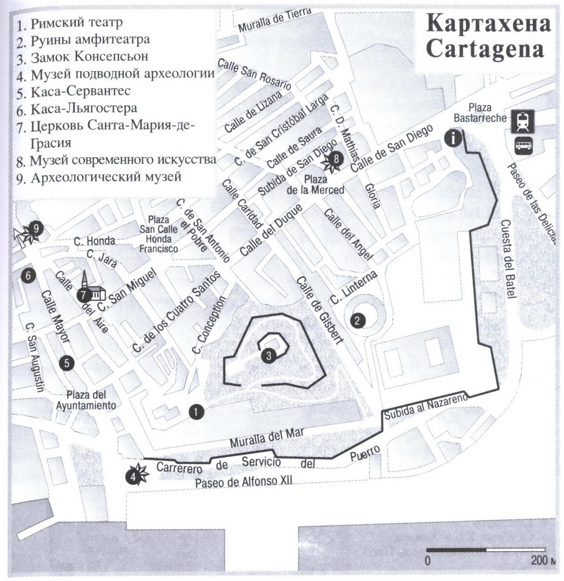 Cartagena (Spain) tourist map with a list of attractions