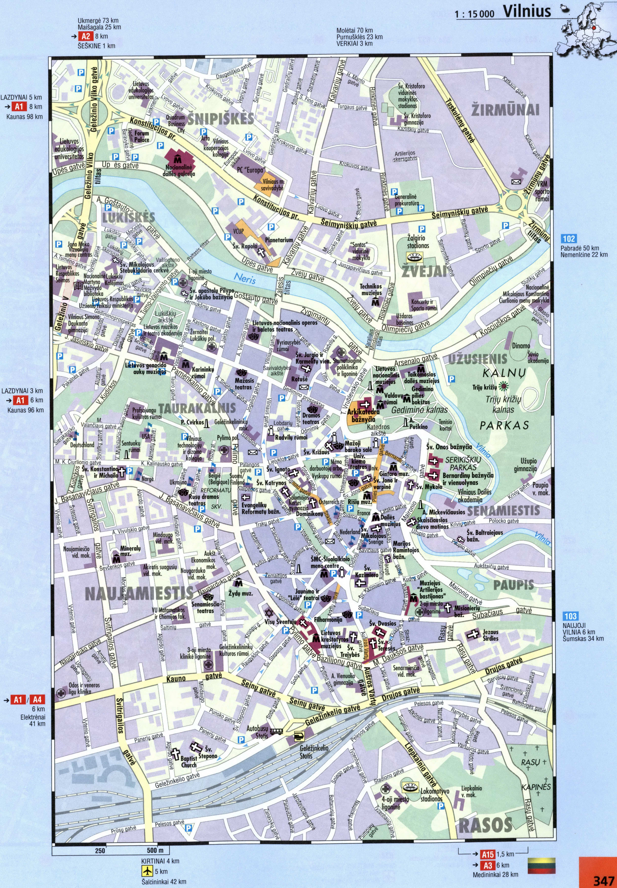 Vilnius street map with beautiful sights
