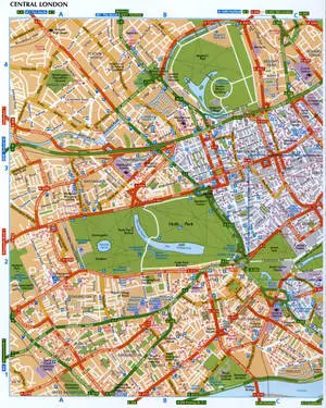 Map of central London with street names and pathways in the parks