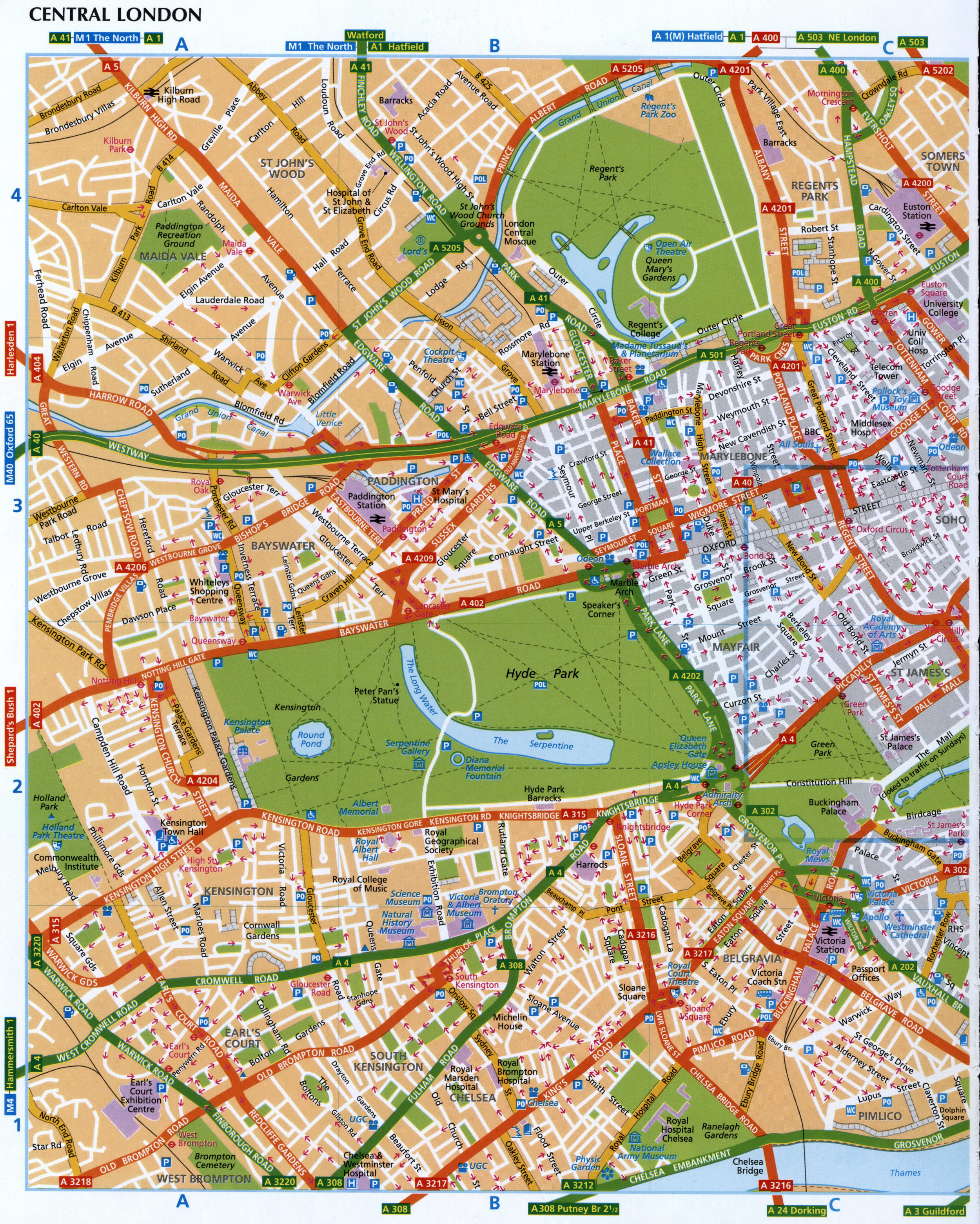 Map of central London with street names and pathways in the parks