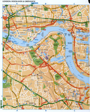 Map of the Thames shores in Docklands and Greenwich