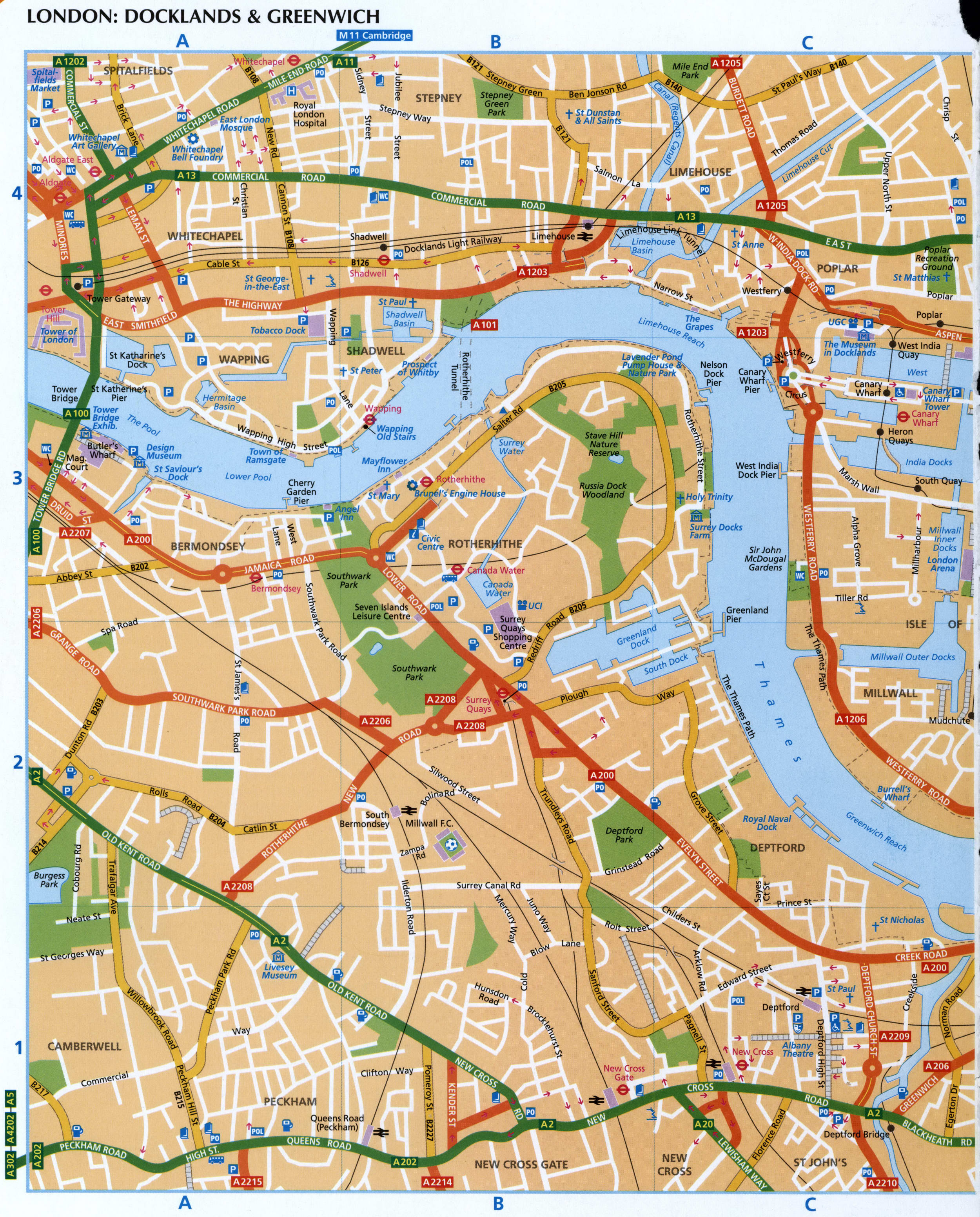 Map of the Thames shores in Docklands and Greenwich