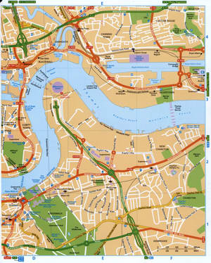 Map of the Thames shores in Docklands and Greenwich with streets and highways