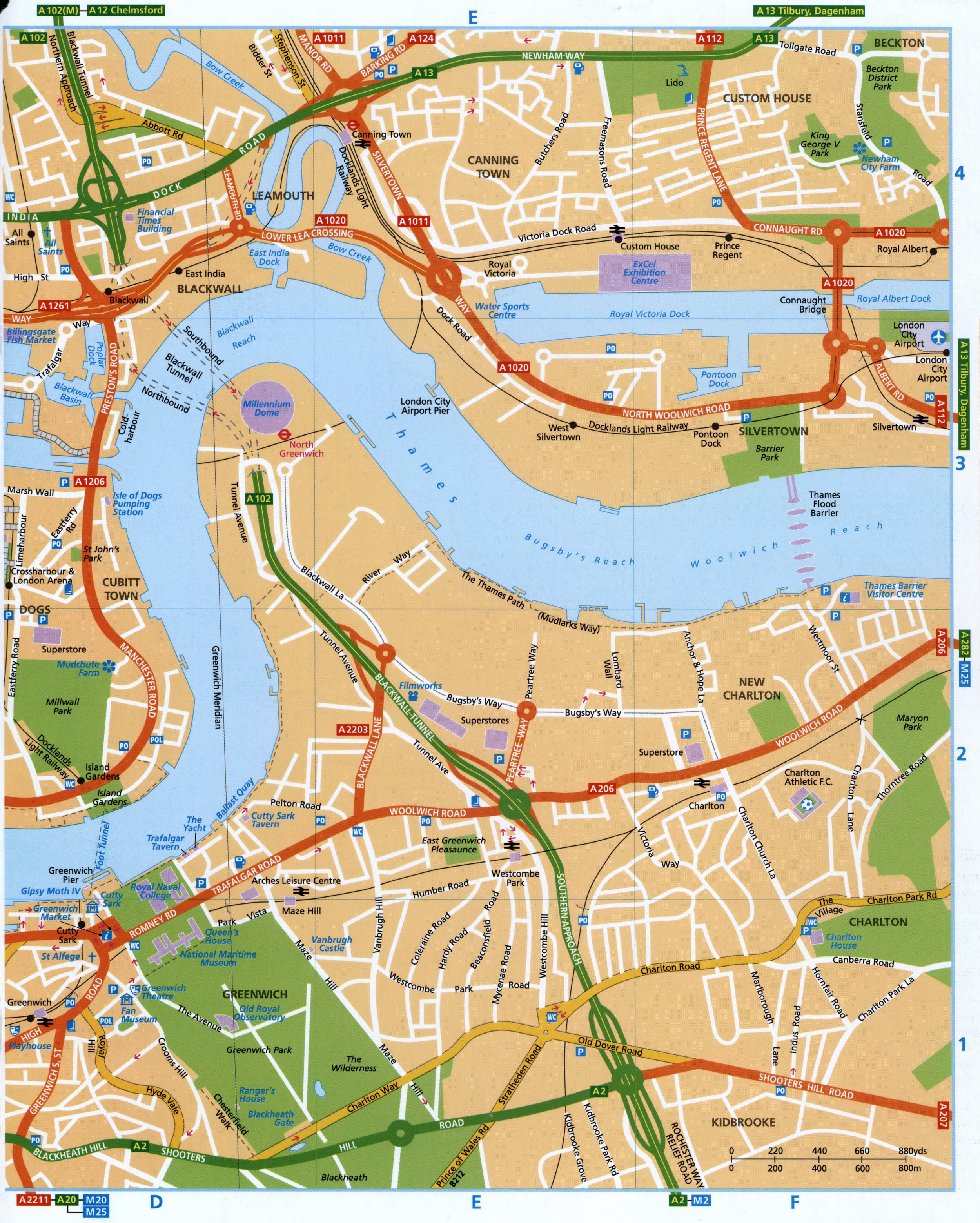 Map of the Thames shores in Docklands and Greenwich with streets and highways