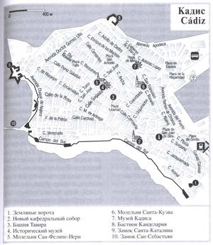 Cadiz (Spain) tourist map with a list of attractions