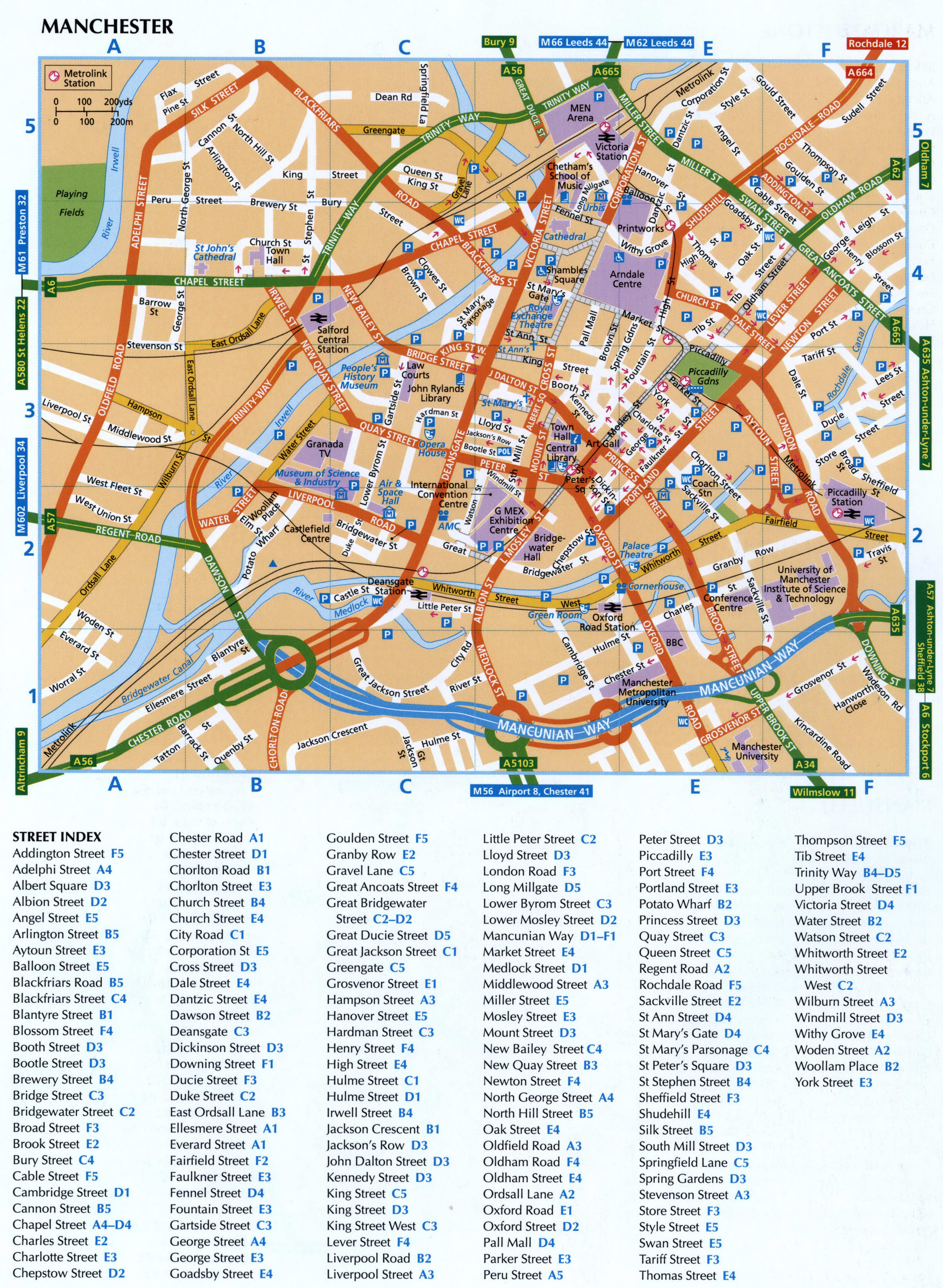 Map of Manchester with a list of streets