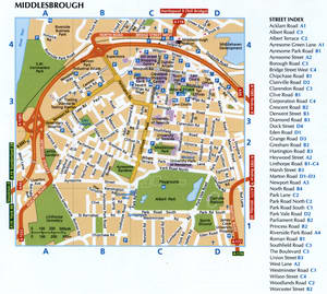 Map of Middlesbrough with a list of streets and public places