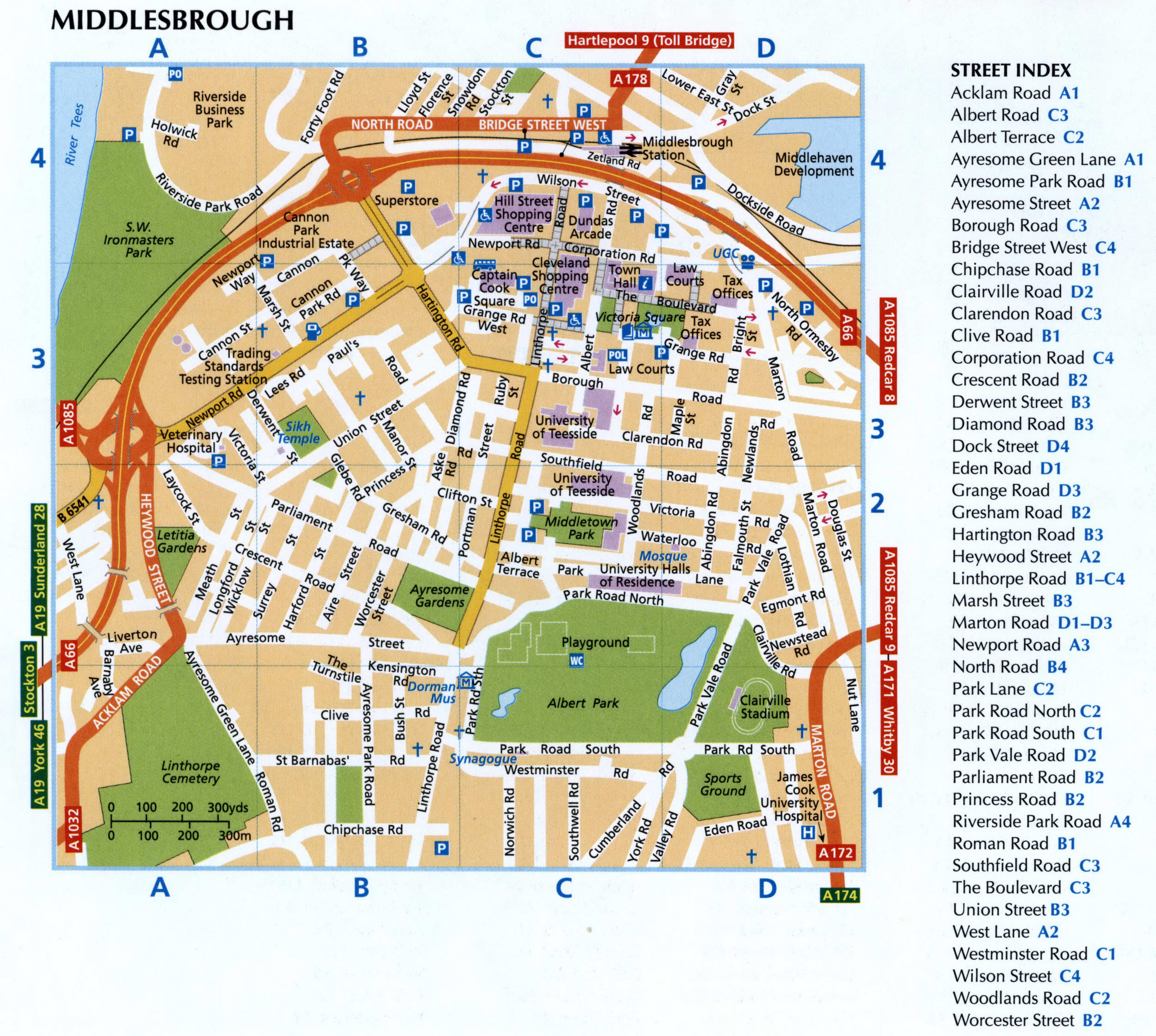 Map of Middlesbrough with a list of streets and public places