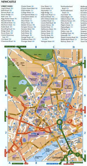 Map of Newcastle with a list of streets