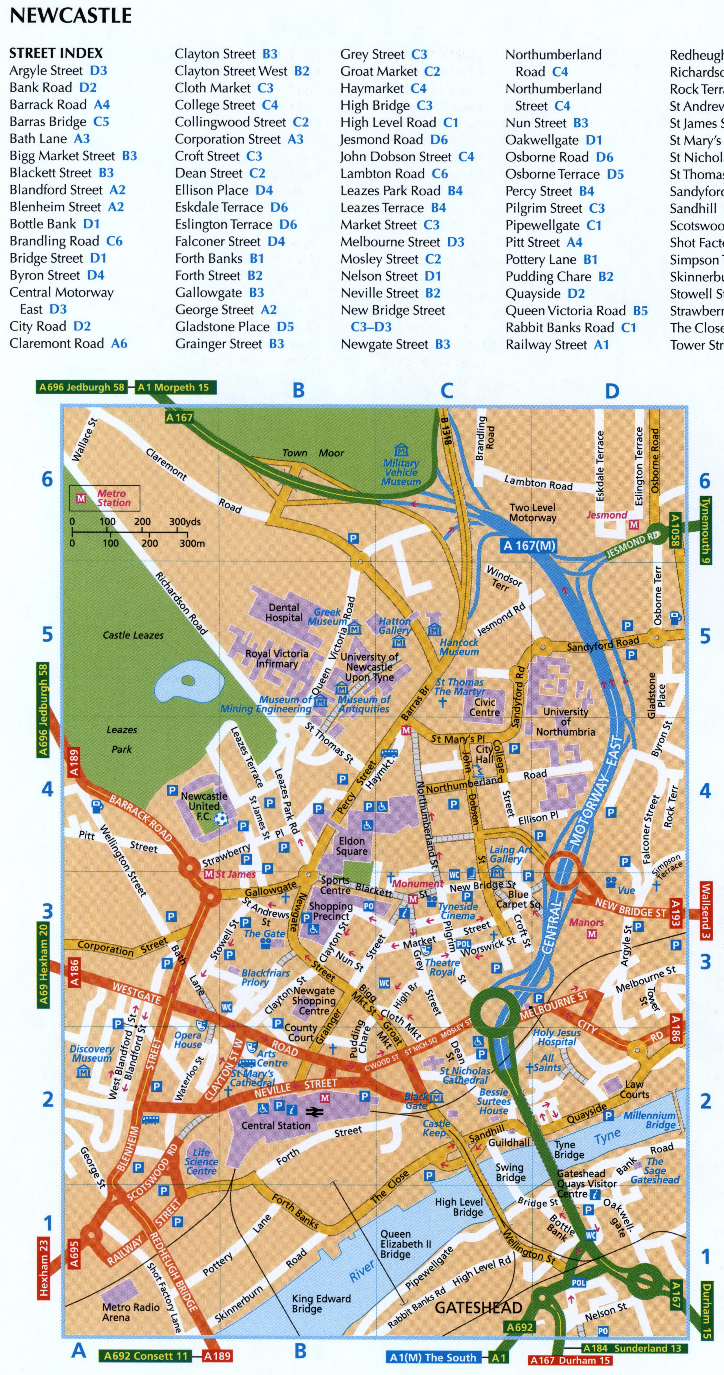 Map of Newcastle with a list of streets