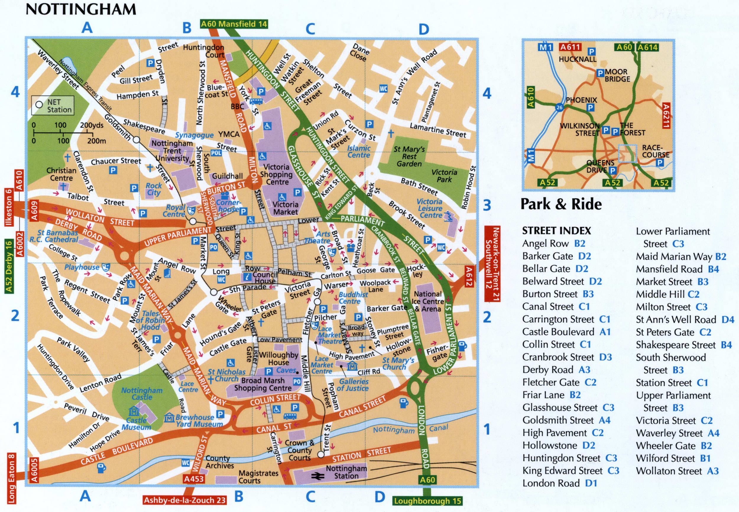 Map of Nottingham city center with a list of streets