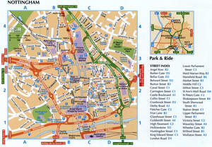 Map of Nottingham city center with a list of streets
