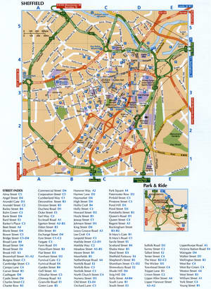 Map of the city of Sheffield with a list of streets