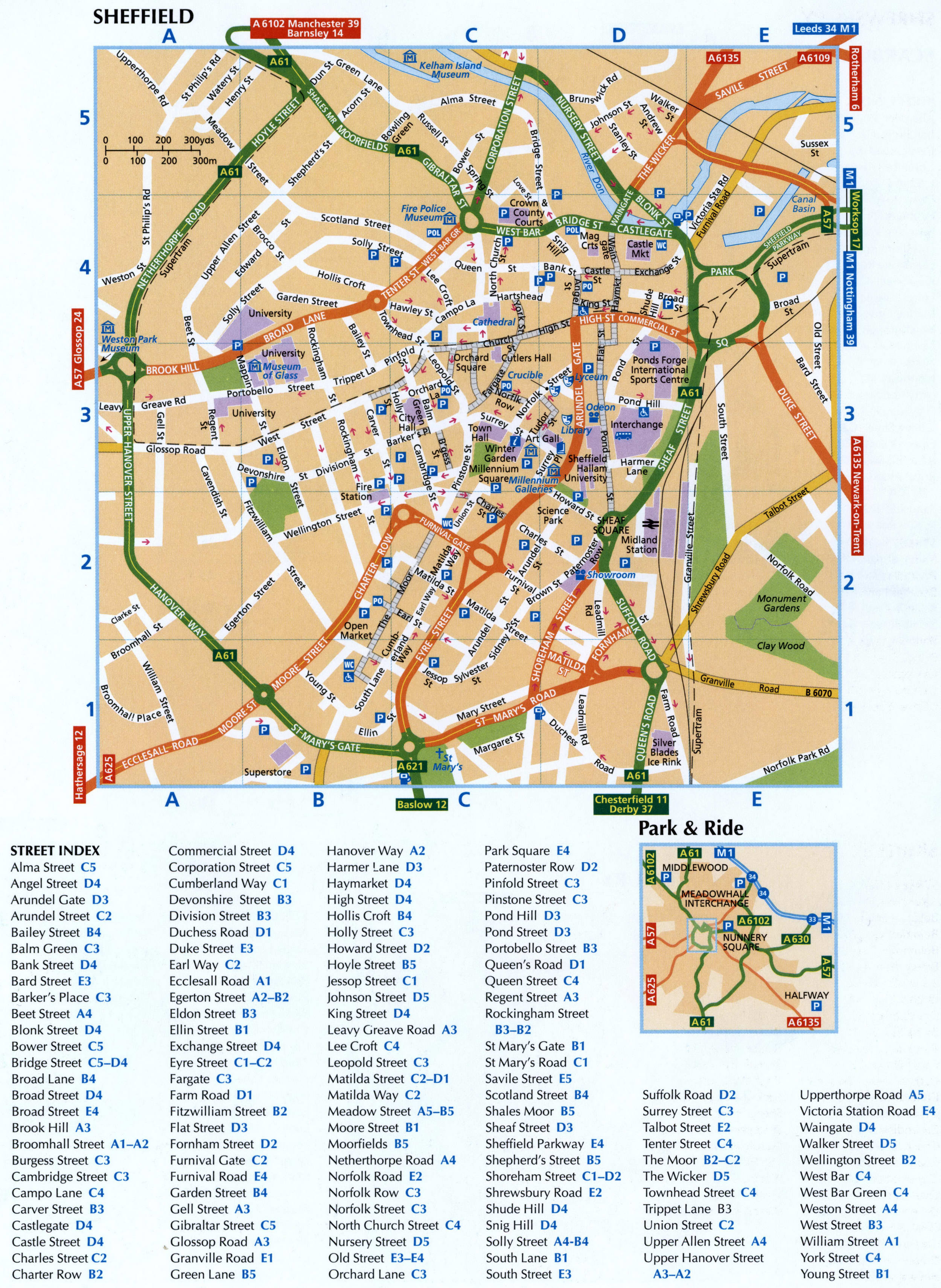 Map of the city of Sheffield with a list of streets