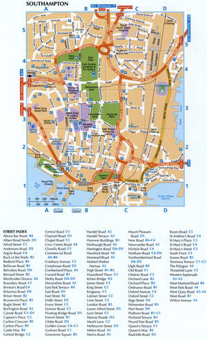 Map of the city of Southampton with a street list