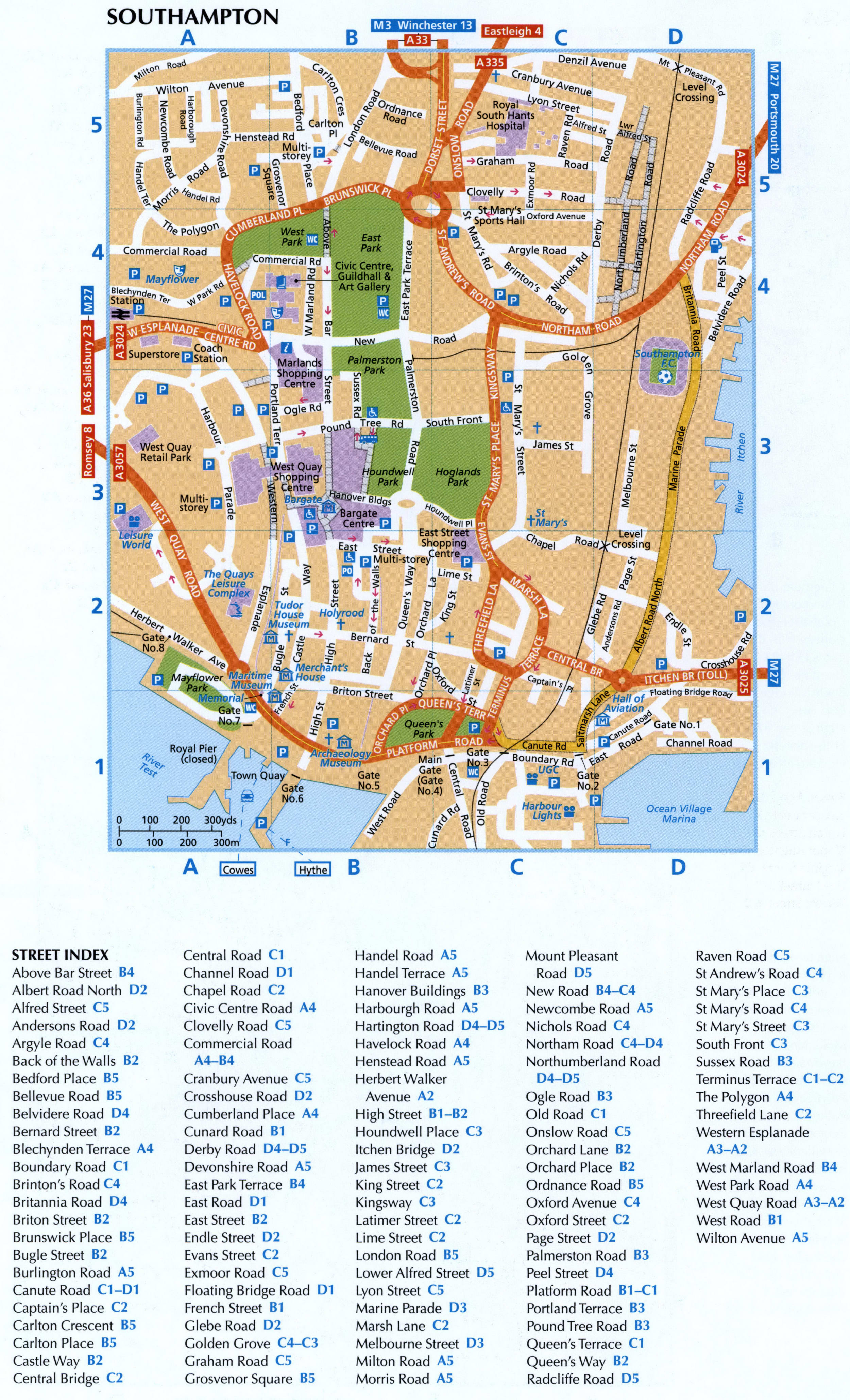 Map of the city of Southampton with a street list